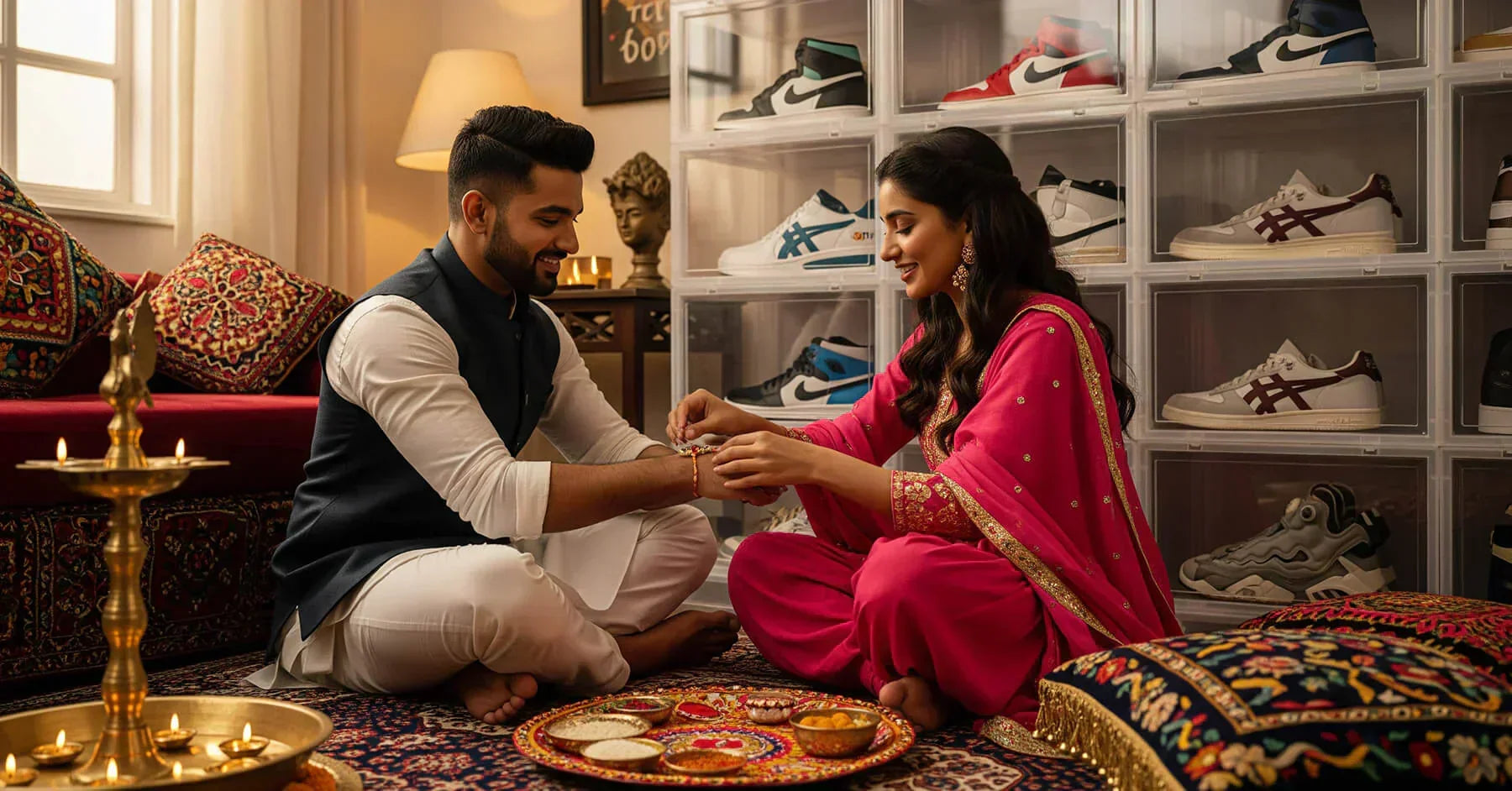 Image of Indian sneakerhead siblings celebrating the festival of Rakshabandhan