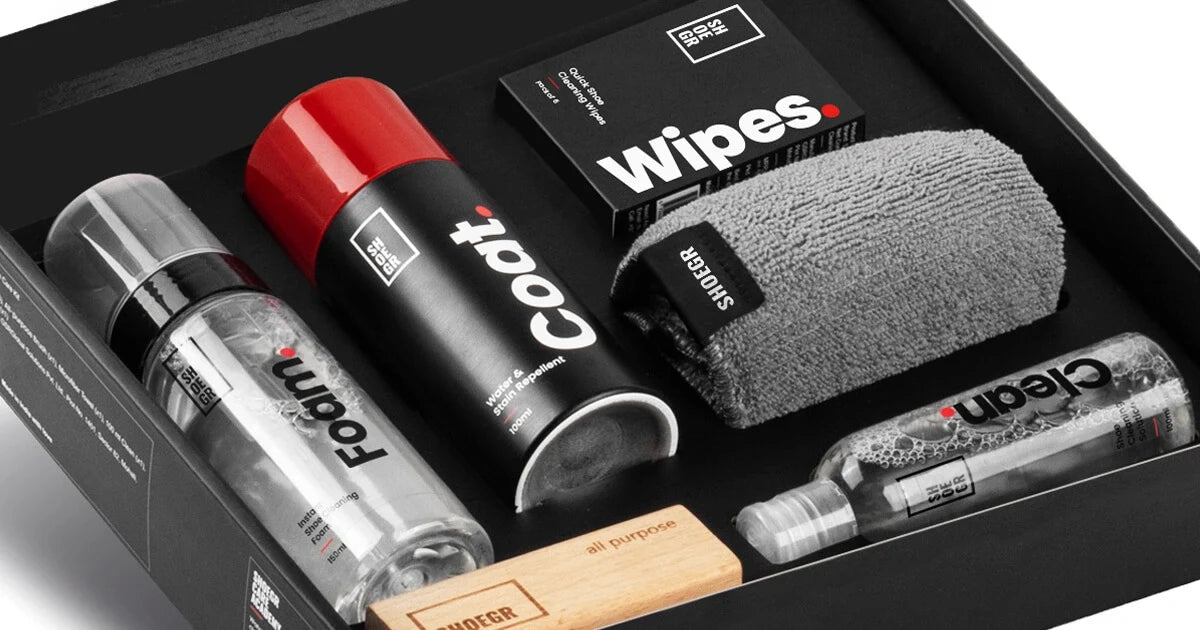 SHOEGR shoecare essentials including Wipes, Clean Solution, Foam, Coat, All Purpose Brush and Microfibre Towel