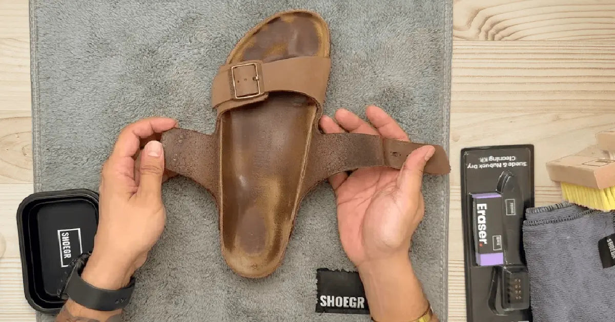 Mojo aka SHOEGR Daddy Cleaning a Pair of old and dirty Birkenstock Arizona with SHOEGR ProSuede and Ultimate Kits
