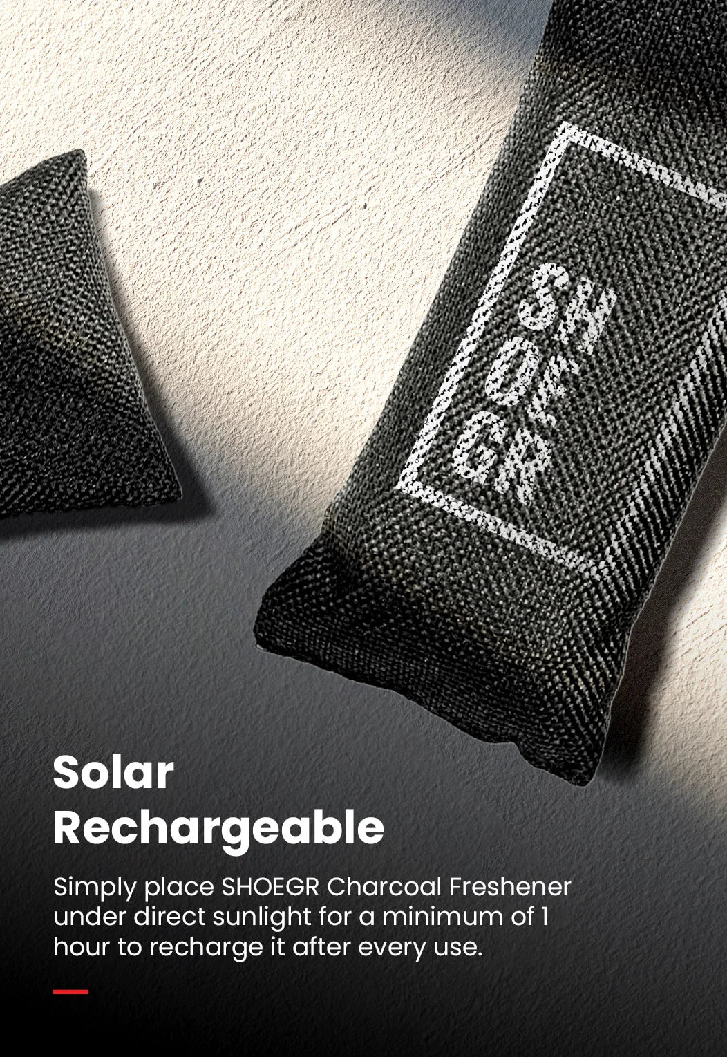rechargable charcoal shoe freshener in direct sunlight