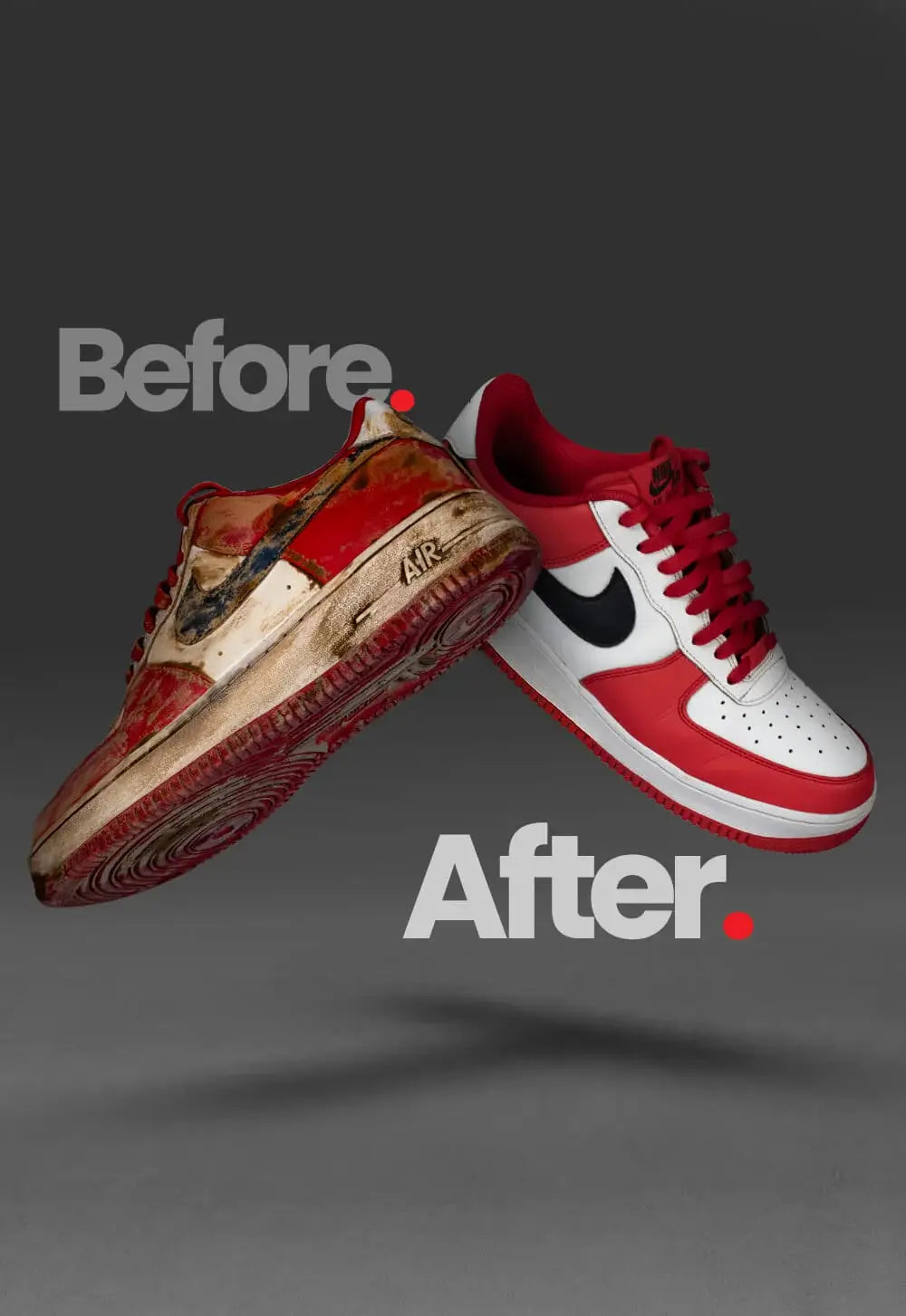 Before and after image of clean and dirty shoes after cleaning with shoegr standard shoe cleaning kit for all types of Sneakers