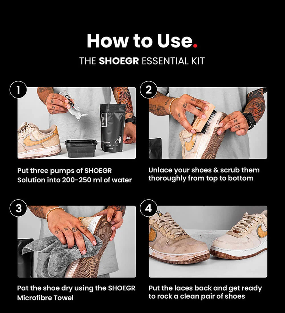 Steps to use SHOEGR Essential kit to clean shoes
