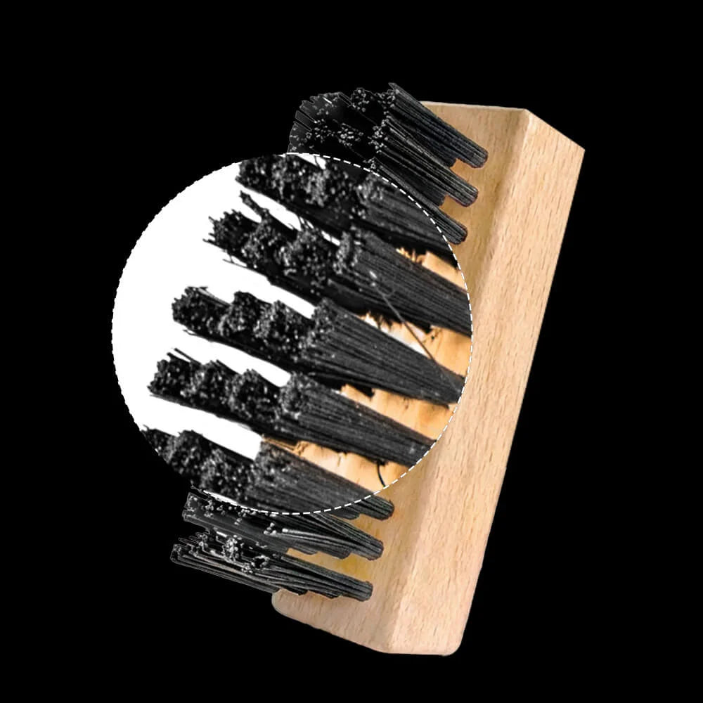 SHOEGR All-Purpose shoe brush with black stiff and short pp bristles for effectively cleaning most shoe surfaces.
