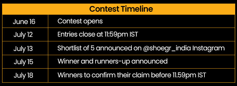 SHOEGR #WellCaredWellEarned Contest timeline with key dates and actions on a black background