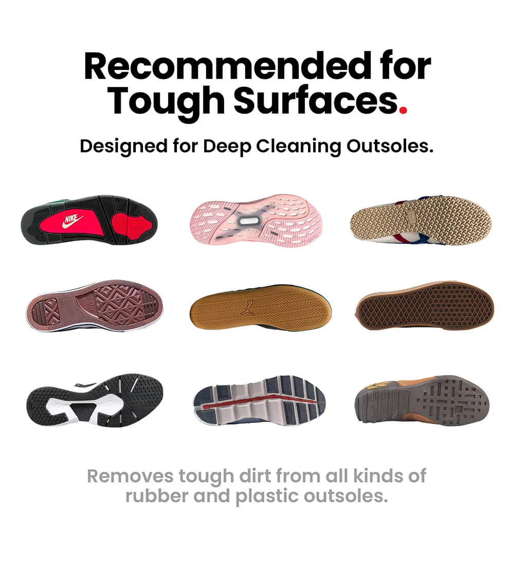 Diagram showing that SHOEGR Hard Brush can clean all kinds of rubber and plastic shoe soles.
