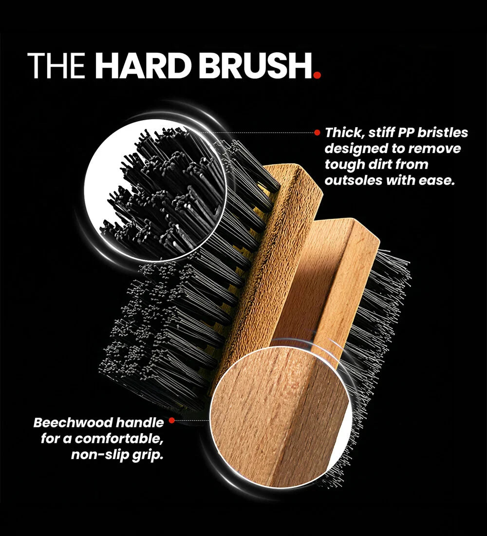 SHOEGR Hard Brush designed with Stiff PP bristles and beechwood handle for easily cleaning sneaker outsoles.