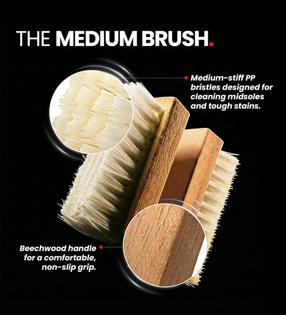 SHOEGR Medium Brush designed with Premium PP bristles and beechwood handle for easily cleaning sneaker midsoles.