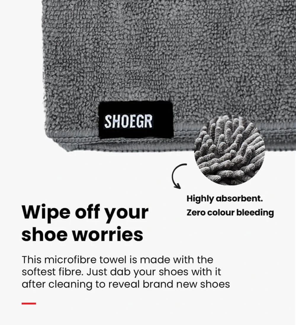 SHOEGR microfiber towel with soft, absorbent, zero-bleed fabric for sneaker cleaning