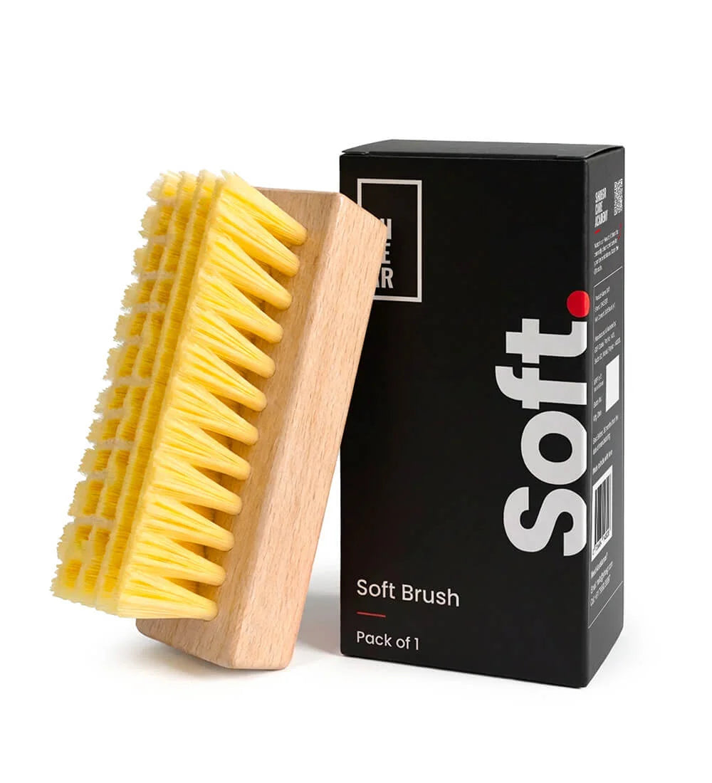 SHOERG soft shoe brush with wooden handle and pp bristles on a white background with its packaging