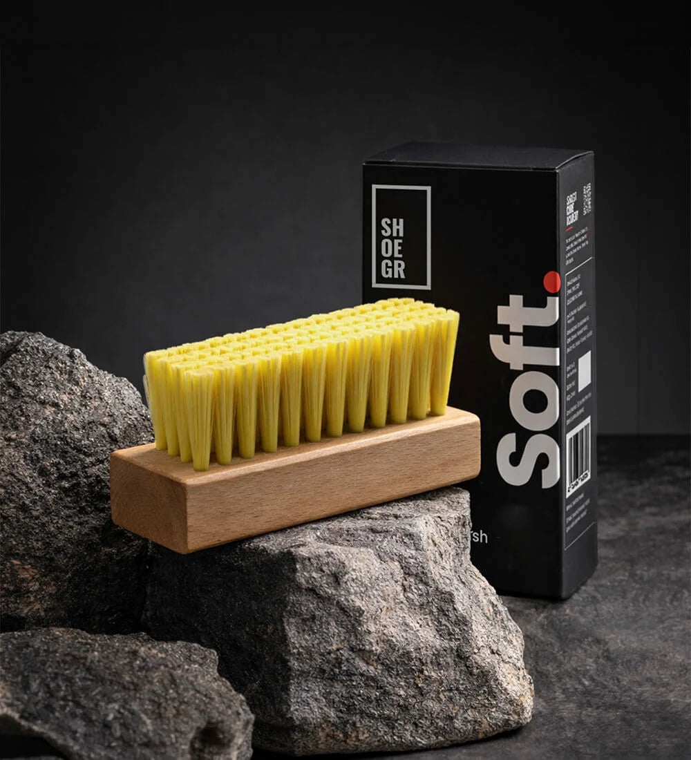 SHOEGR Soft Brush for Cleaning Sneakers and Shoes on a Black Background with its packaging.