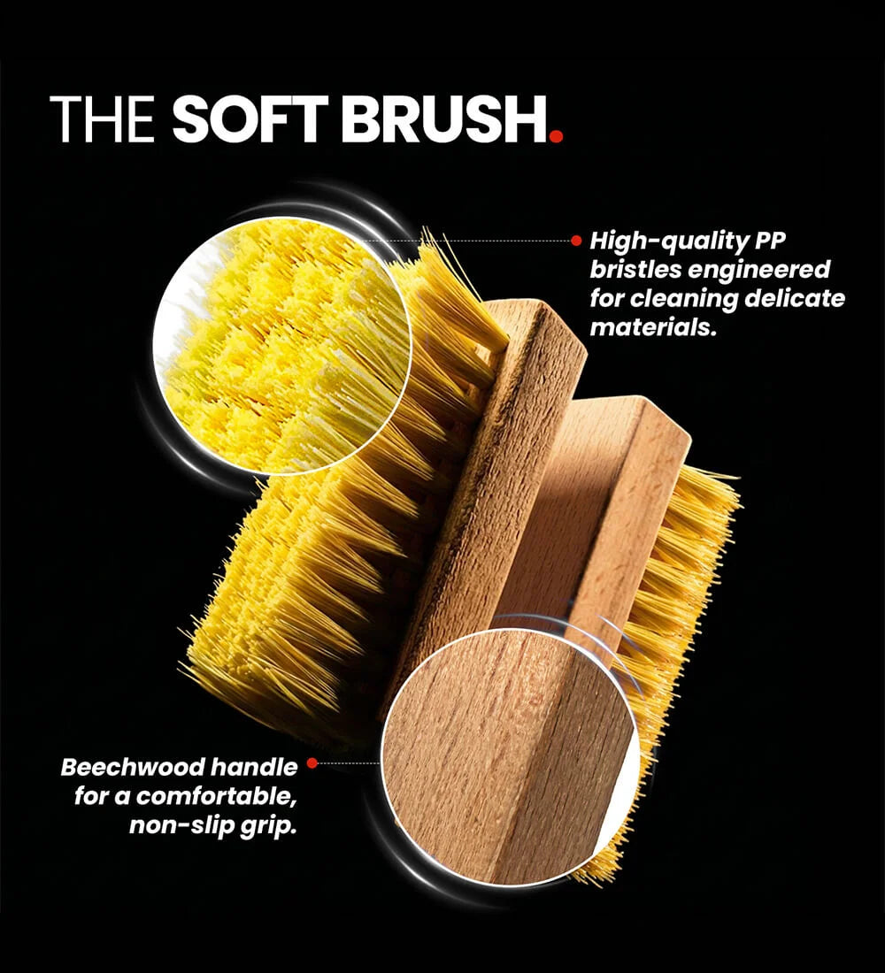 SHOEGR Soft shoe brush with yellow PP bristles and beechwood handle on a black background
