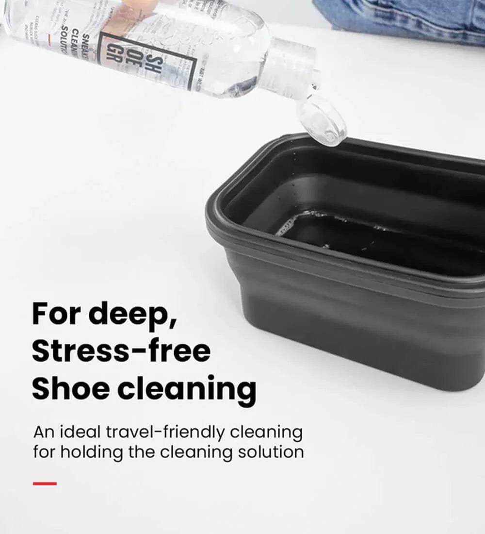 Pouring SHOEGR cleaning solution into the collapsible bowl