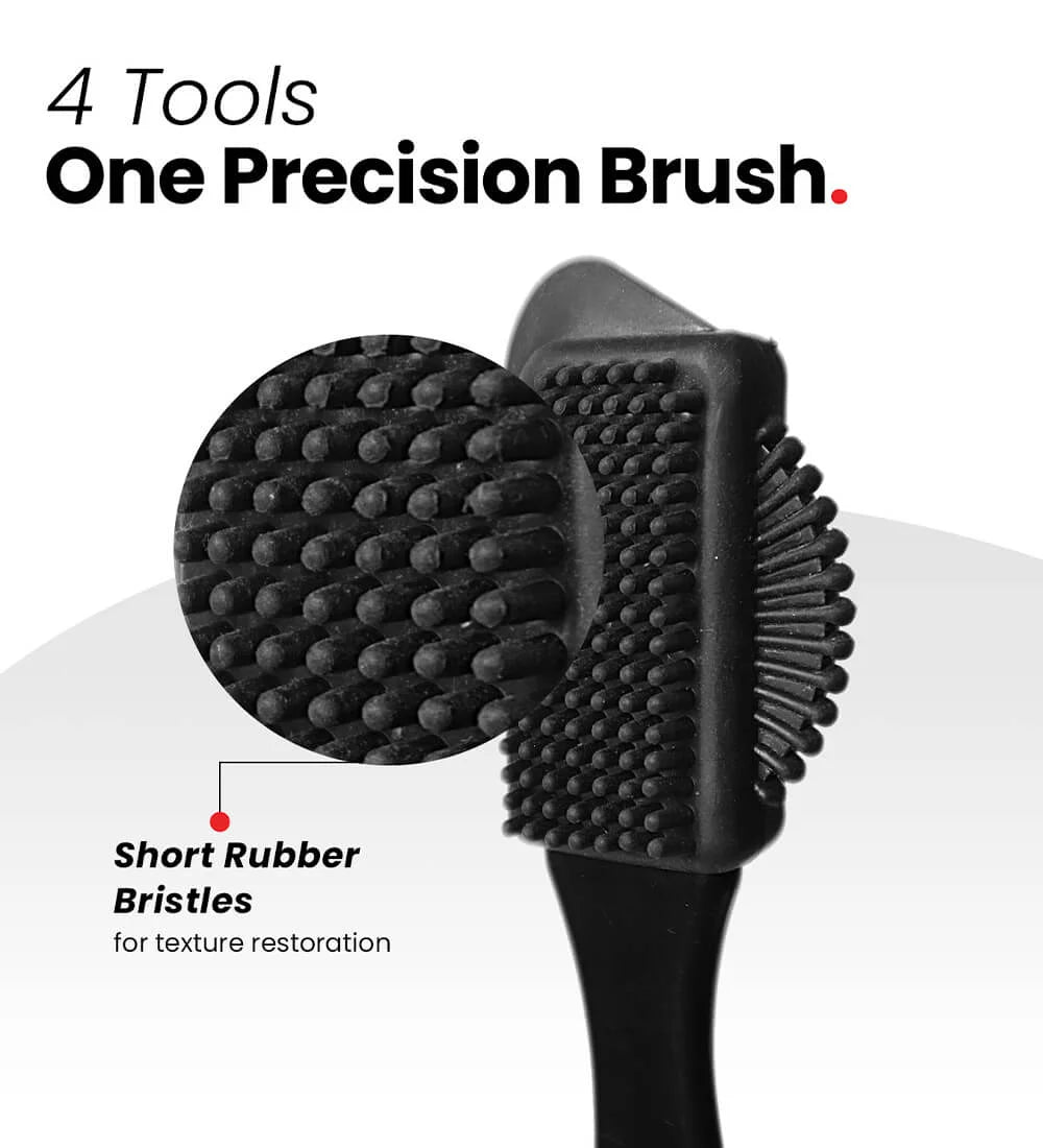 A 4-in-1 precision brush for suede and nubuck shoes, designed to clean seams, remove deep stains, and restore texture.