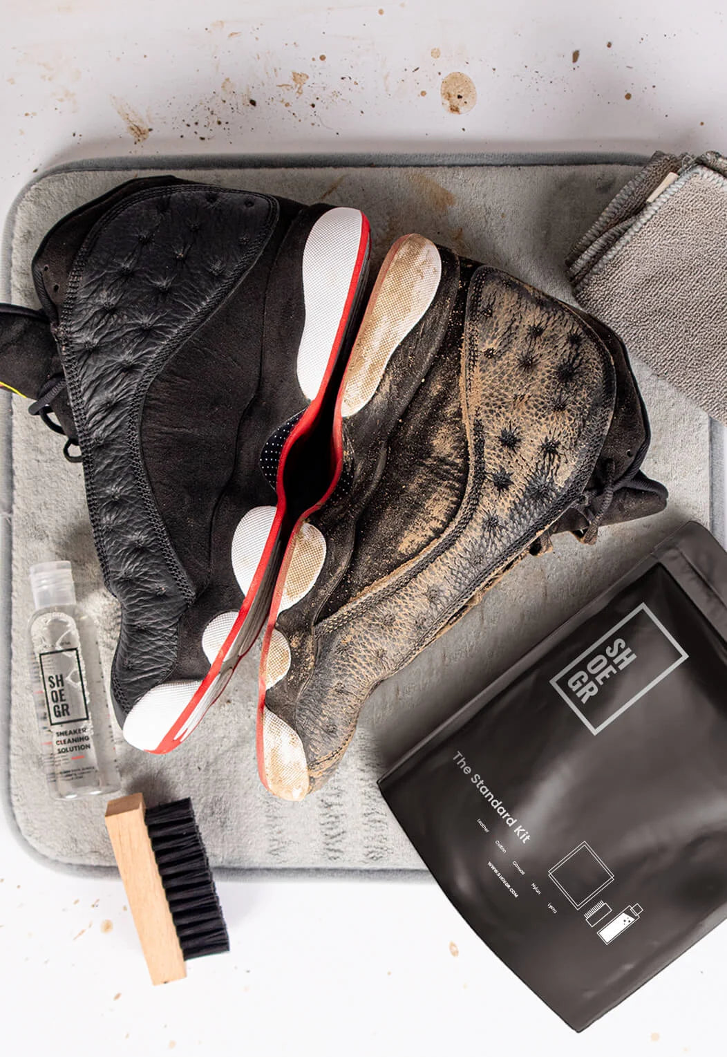 dirty and clean shoe after cleaning with shoegr sneaker cleaning kit jordan