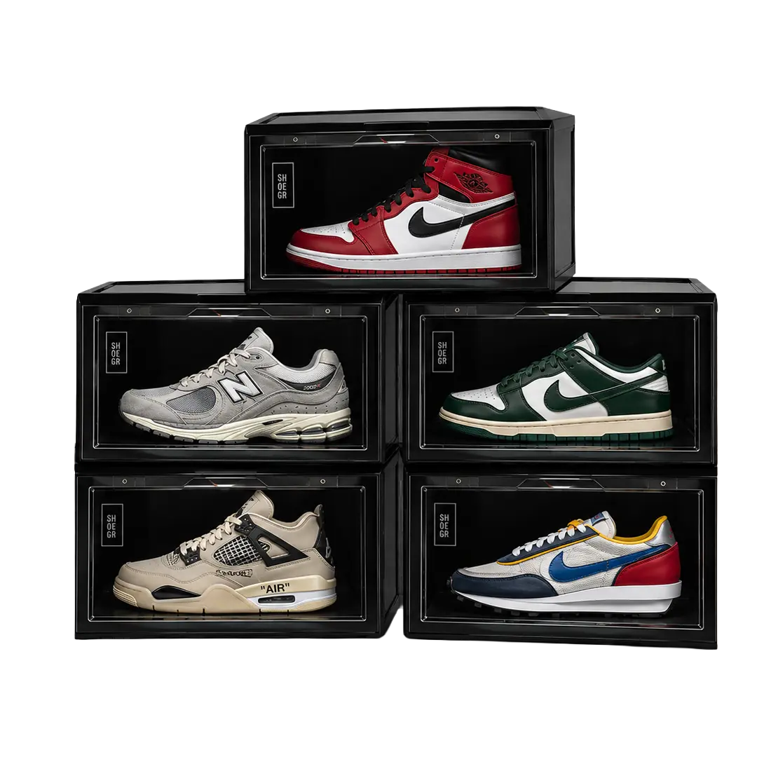 A pack of 5 SHOEGR Safe Black Sneaker Storage Crates