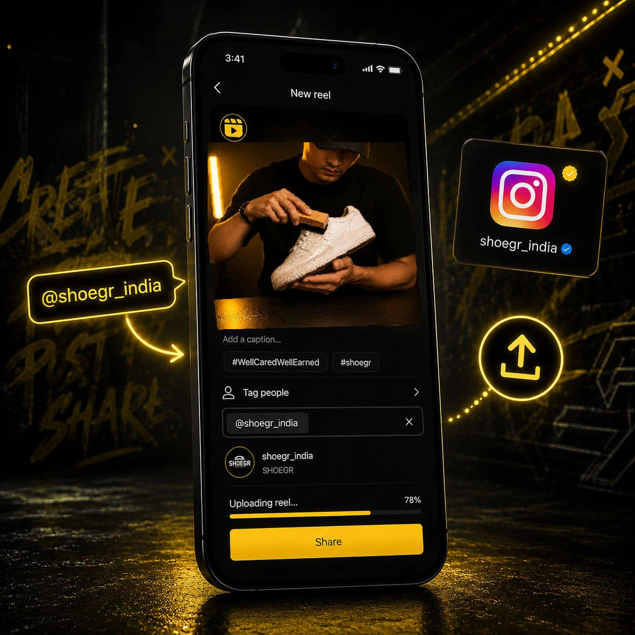 Step 2 of how to enter SHOEGR Well Cared Well Earned Contest - Post a shoecare reel on instagram