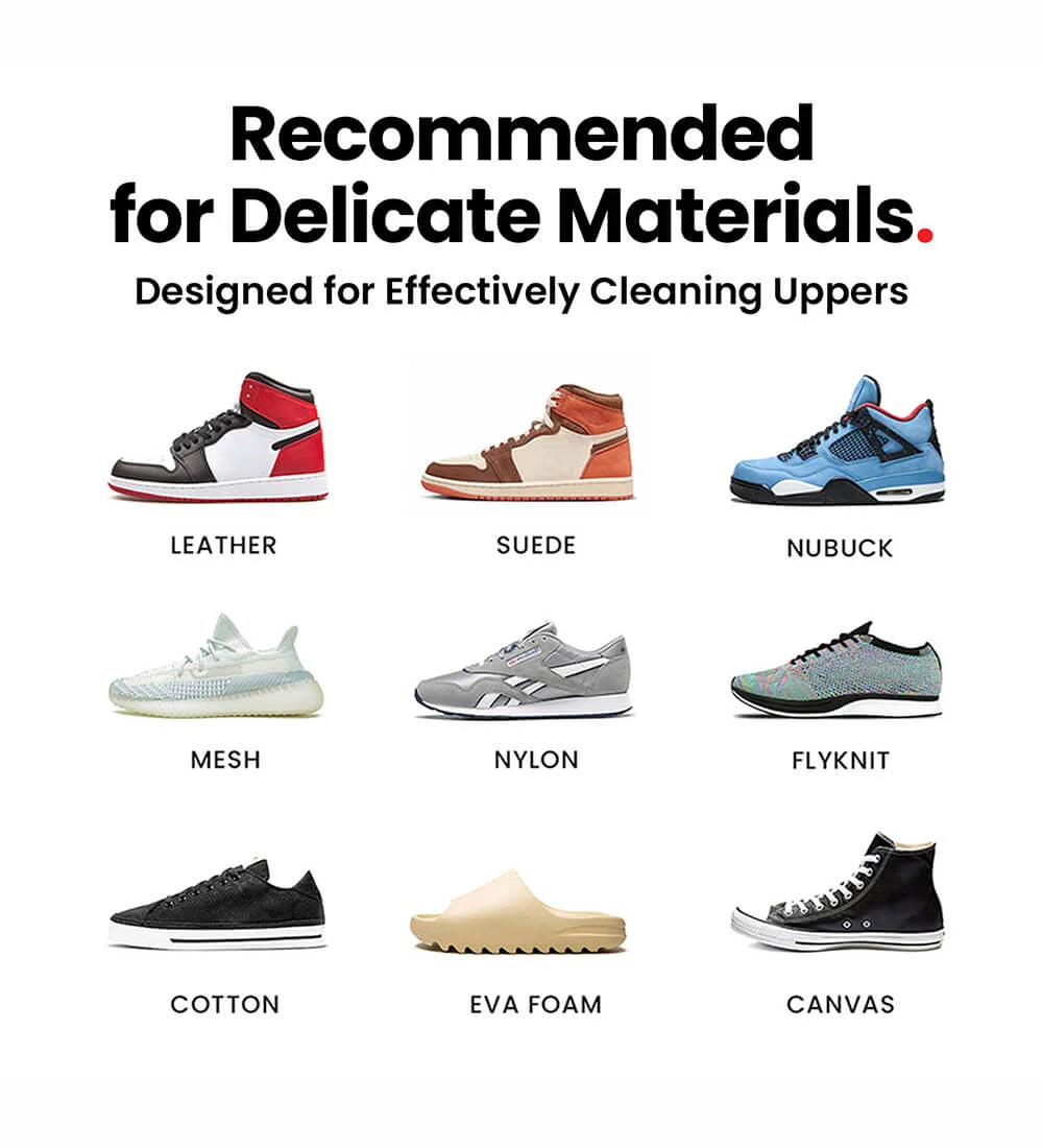 Diagram showing all the different types of shoe materials that you can clean with SHOEGR Soft Brush