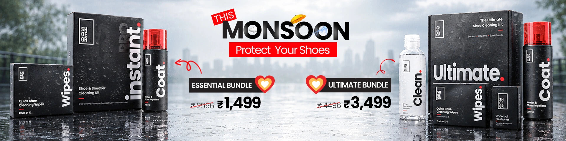 Monsoon shoe care product bundles for cleaning, protecting, and freshening up shoes during indian rains.