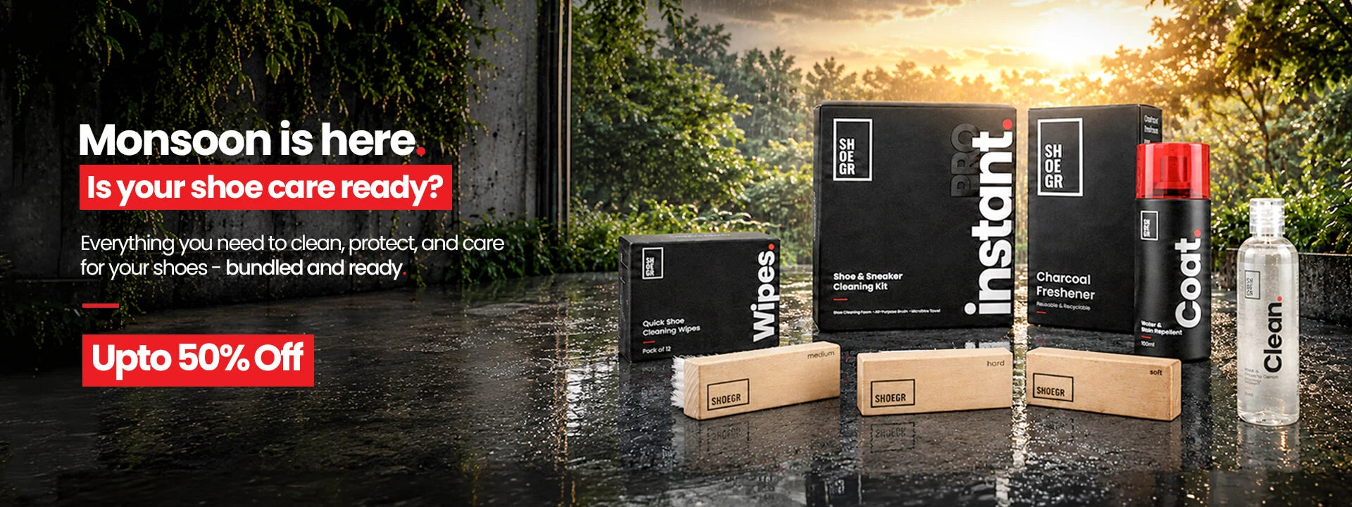 Shoe care products with packaging on a wet road during monsoon season.
