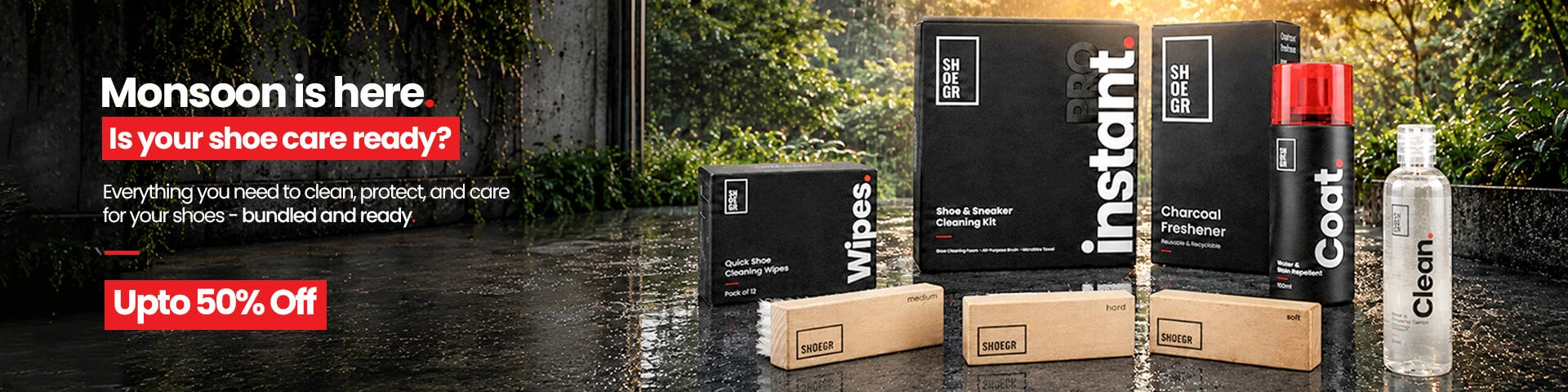 Shoe care products for cleaning and protecting shoes during monsoon - instant pro kit, water repellent, brushes, cleaning solution and sneaker wipes.