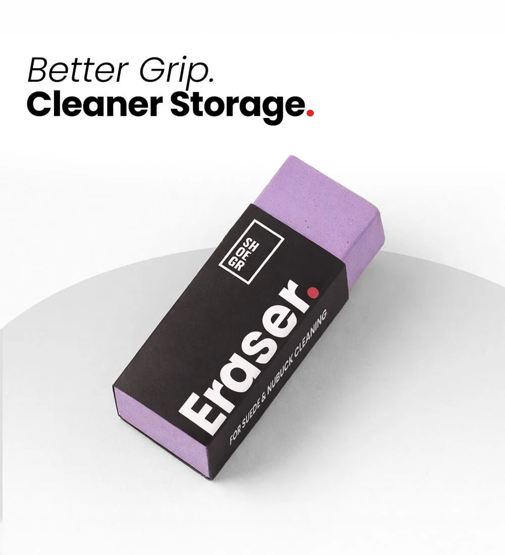 New and improved SHOEGR suede eraser with better packaging and better grip for cleaning suede and nubuck