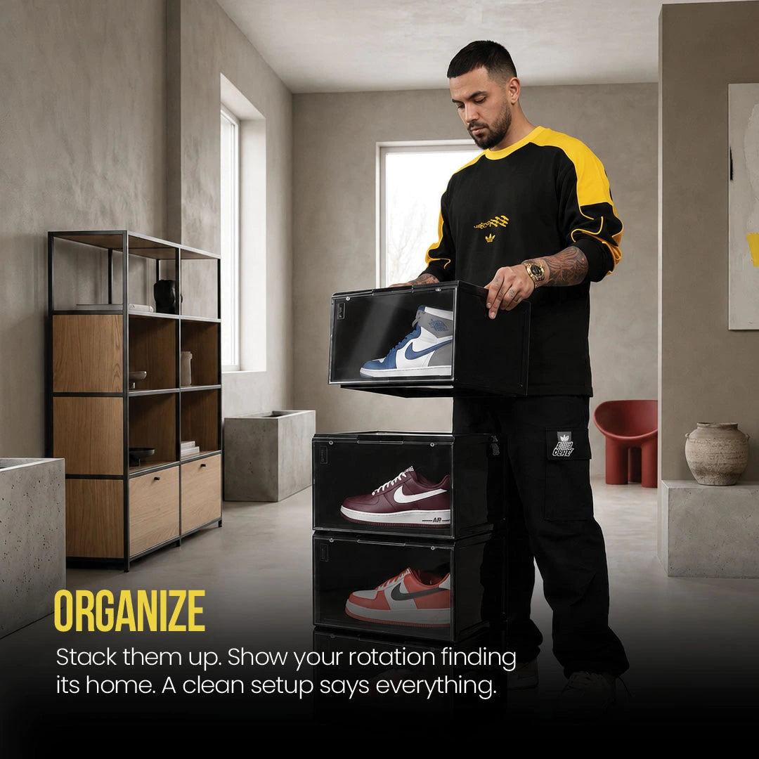 Indian man organizing his sneakers in a stackable shoe organizer called SHOEGR Safe.