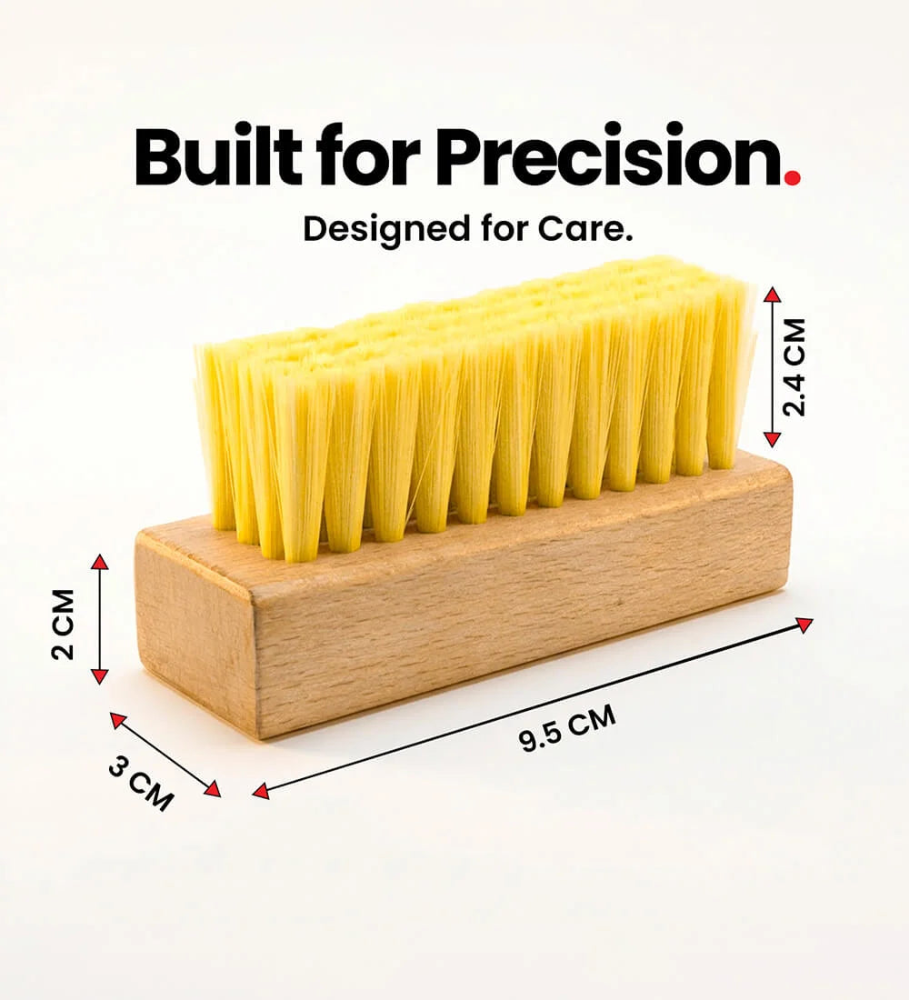 SHOEGR Soft shoe brush dimensions on a white background, labeled 'Built for Precision. Designed for Care.'