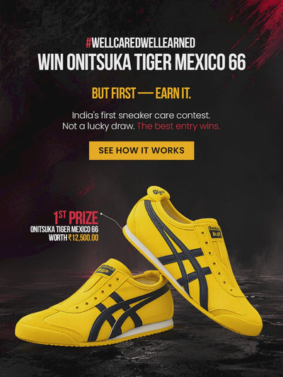 A video banner of SHOEGR shoecare content creation contest urging sneakerheads to participate to win a Free Onitsuka Tiger Mexico 66