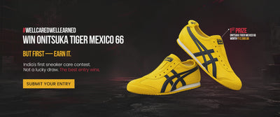 A video banner of SHOEGR #WellCaredWellEarned Contest urging sneakerheads to participate to win a Free Onitsuka Tiger Mexico 66