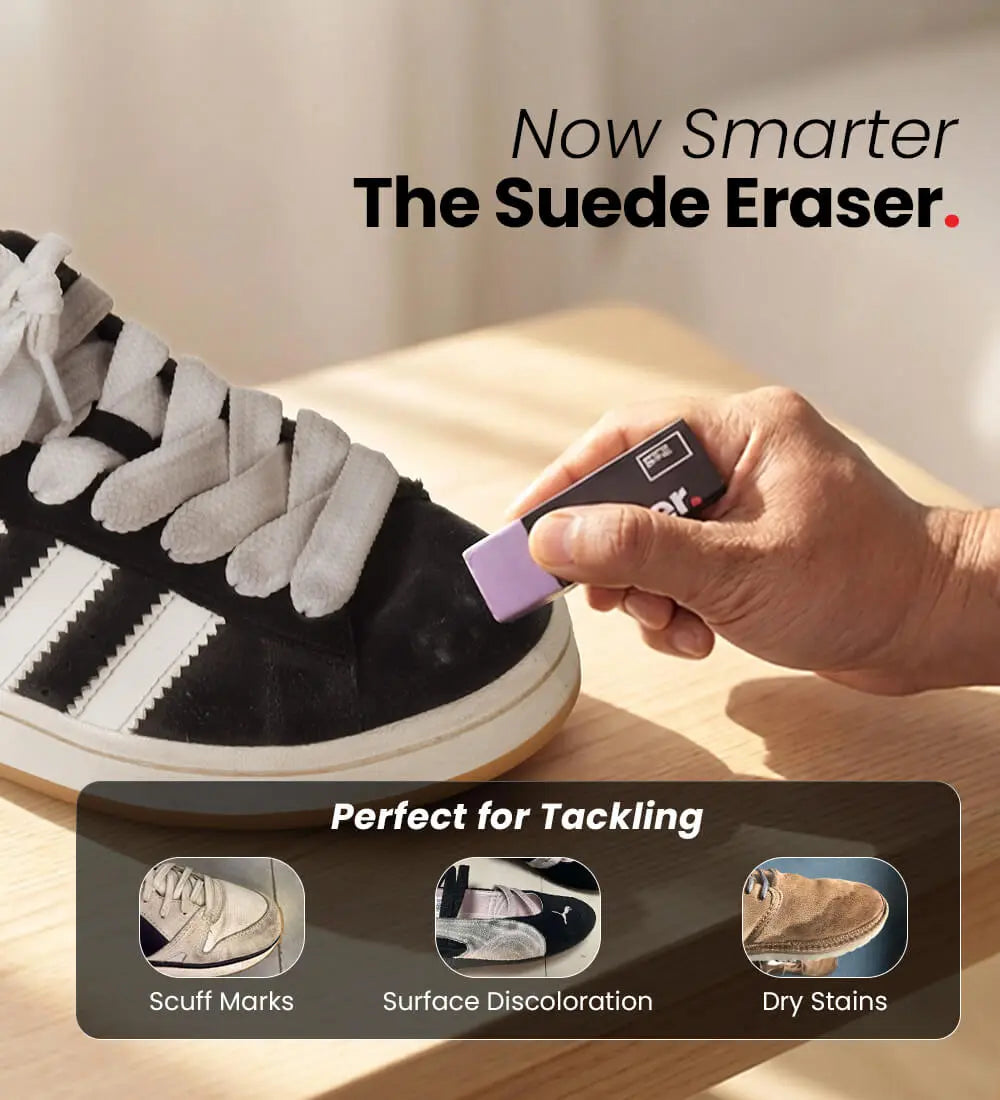 Person using a shoegr suede eraser on a black and white adidas campus suede sneaker to remove marks and stains